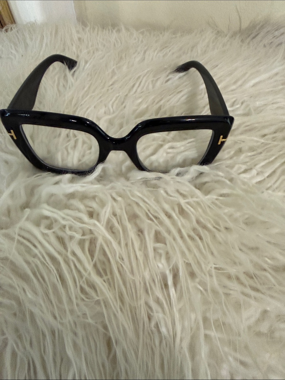 Women's Black Oversized Square Glasses with Gold T Detail